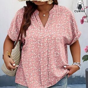 White and Pink Cuffed Sleeve Blouse with Mandarin Collar